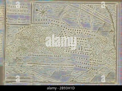 Plan der Schlacht von Malplaquet, Plan der Schlacht von Malplaquet 1709, signiert: Dheulland sculp, Feige. 2, nach S. 36, Dheulland (sc.), Antoine de Pas Feuquières: Mémoires de M. le marquis de Feuquiere [...] contenans ses maximes sur la guerre, & l'Application des exemples aux maximes. Londres: chez Pierre Dunoyer Paris: chez Rollin fils, 1737, neu gestaltet von Gibon, Design von warmen fröhlichen Leuchten von Helligkeit und Lichtstrahlen Ausstrahlung. Klassische Kunst neu erfunden mit einem modernen Twist. Fotografie inspiriert von Futurismus, umarmt dynamische Energie der modernen Technologie, Bewegung, Geschwindigkeit und Revolutio Stockfoto