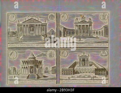 Tempel und Bäckerei, Illustration mehrerer römischer Tempel und einer Bäckerei aus dem 18. Jahrhundert, signiert: Delsenbach fecit, TA., XII, S. 125, Delsenbach, Johann Adam (fec.), Johann Bernhard Fischer von Erlach: Entwurf einer historischen Architektur, in Abbildung unterschiedlicher Abrissungen, vor Augen zu stellen [...]. Andres Buch. Wien, 1721, neu gestaltet von Gibon, Design von warmen fröhlichen Leuchten von Helligkeit und Lichtstrahlen Ausstrahlung. Klassische Kunst neu erfunden mit Stockfoto