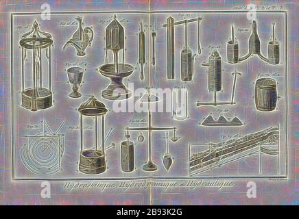Hydrostatik, Hydrodynamik und Hydraulik 2, Hydrostatik, Hydrodynamik und Hydraulik, signiert: Benard Direx, Suite de la Pl. 2 et PL. 3, Benard (Regie), Denis Diderot, M. d'Alembert: Encyclopédie, ou dictionnaire raisonné des Sciences, des Arts et des métierss, des Arts et des métiers. Genève: chez Pellet, MDCCLXXVIII [1778], neu gestaltet von Gibon, Design von warmen fröhlich glühen von Helligkeit und Lichtstrahlen Ausstrahlung. Klassische Kunst neu erfunden mit einem modernen Twist. Fotografie inspiriert von Futurismus, umarmt dynamische Energie der modernen Technologie, Bewegung, Geschwindigkeit und Kultur revolutionieren. Stockfoto