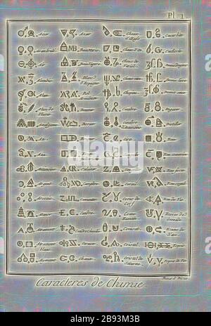 Chimie 1 Zeichen, Tabelle der Elementsymbole, signiert: Benard direx, pl. 1, nach S. 48, Benard (Regie), 1778, Denis Diderot, M. d'Alembert: Encyclopédie, ou dictionnaire raisonné des Sciences, des Arts et des métierss, des Arts et des métiers. Genève: chez Pellet, MDCCLXXVIII [1778], neu gestaltet von Gibon, Design von warmen fröhlich glühen von Helligkeit und Lichtstrahlen Ausstrahlung. Klassische Kunst neu erfunden mit einem modernen Twist. Fotografie inspiriert von Futurismus, umarmt dynamische Energie der modernen Technologie, Bewegung, Geschwindigkeit und Kultur revolutionieren. Stockfoto
