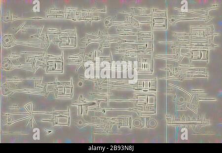 Steuerelemente von Lokomotiven, Technische Skizzen von Steuerungen, signiert: Heusinger v., W, Lith., V, J. Lehnhardt, Verlag v., Ch. W. Kreidel, Platte D, nach S. 175, Heusinger von Waldegg, Edmund, Lith. Anstalt von J. Lehnhardt (lith.), Christian Wilhelm Kreidel Verlag (ed.), Edmund Heusinger von Waldegg, Wilhelm Clauss: Abbildung und Beschreibung der Locomotive-Maschine: Nach den besten und neuesten Konstruktionen: unter Nutzung der englischen Werke von Tredgold, Kinnear Clark, und der französischen Schriften von Le Chatet, Mathias und Polengau. Wiesbaden: V Stockfoto