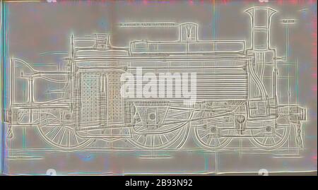 D. Goochs Panzerlokomotive, mittlere Länge der Lokomotive, signiert: Heusinger v., W, Lith., V, J. Lehnhardt, Verleger v., Ch. W. Kreidel, Tafel XXXII, nach S. 175, Heusinger von Waldegg, Edmund, Lith. Anstalt von J. Lehnhardt (lith.), Christian Wilhelm Kreidel Verlag (ed.), Edmund Heusinger von Waldegg, Wilhelm Clauss: Abbildung und Beschreibung der Locomotive-Maschine: Nach den besten und neuesten Konstruktionen: unter Nutzung der englischen Werke von Tredgold, Kinnear Clark, und der französischen Schriften von Le Chatet, Mathias und Polengau. Wiesbaden: Stockfoto