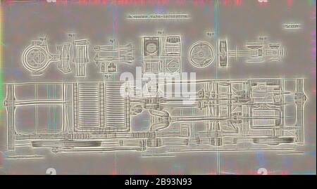D. Goochs Panzerlokomotive, Grundriss einer Panzerlokomotive, signiert: Heusinger v., W, Lith., V, J. Lehnhardt, Verleger v., Ch. W. Kreidel, Tafel XXXIV, nach S. 175, Heusinger von Waldegg, Edmund, Lith. Anstalt von J. Lehnhardt (lith.), Christian Wilhelm Kreidel Verlag (ed.), Edmund Heusinger von Waldegg, Wilhelm Clauss: Abbildung und Beschreibung der Locomotive-Maschine: Nach den besten und neuesten Konstruktionen: unter Nutzung der englischen Werke von Tredgold, Kinnear Clark, und der französischen Schriften von Le Chatet, Mathias und Polengau. Wiesbaden: Stockfoto