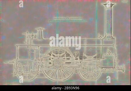 Lokomotive für Schnellzüge, gebaut von Maffei's Hirschau Eisenwerk bei München, Gesamtansicht der Lokomotive, der Antriebs- und Kontrollorgane, Pumpen etc., signiert: Heusinger v., W, Lith., V, J. Lehnhardt, Verlag v., Ch. W. Kreidel, Tafel XXXV, nach S. 175, Heusinger von Waldegg, Edmund, Lith. Anstalt von J. Lehnhardt (lith.), Christian Wilhelm Kreidel Verlag (ed.), Edmund Heusinger von Waldegg, Wilhelm Clauss: Abbildung und Beschreibung der Locomotive-Maschine: Nach den besten und neuesten Konstruktionen: unter Nutzung der englischen Werke von Tredgold, Kinnear Clark, und der französisch Stockfoto