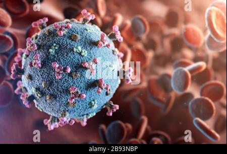 Corona-Virus SARS-COV-2 neuartiges Coronavirus-Konzept, das für den Kovid-19-Ausbruch als gefährliche Grippepandämie resposierbar ist. Nahaufnahme der Mikroskopviruszelle. Stockfoto