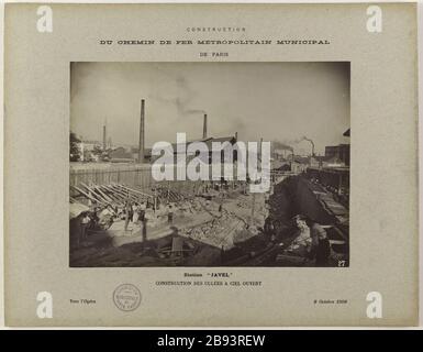 Gebäude / Pfad städtisches Eisen / von Paris / Bahnhof "Bleiche" / Bauabutungen im Freien / zur Oper 8. Oktober 1908 Bau du chemin de fer métropolitain städtisches de Paris: Bau des culées à ciel ouvert, Station Javel. Paris (XVème arr.).'Construction / du chemin de fer métropolitain Municipal / de Paris / Station 'Javel' / Construction des culées à ciel ouvert / Vers l'Opéra 8 octobre 1908'. 1908-10-08. Photographie anonyme. 1908-10-08. Paris, musée Carnavalet. Stockfoto
