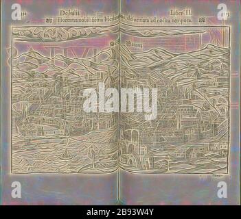 Florenz die meisten Hethruriæiutas, in unserer Zeit graviert, Illustration von Florenz aus dem 16. Jahrhundert, signiert: CI, Feige. 24, S. 193, 1552, Sebastian Münster: Cosmographiae universalis Lib. VI. In quibus, iuxta certioris fidei scriptorum traditionem describuntur, Omniu[m] habitabilis orbis partiu[m] situs [...] Omnium gentium mores, leges, religio, res gestae, mutationes [...]. Liber II [Basel]: [Petri], [1552], Neugestaltung von Gibon, Design von warmen fröhlichen Leuchten von Helligkeit und Lichtstrahlen Ausstrahlung. Klassische Kunst neu erfunden mit einem modernen Twist. Fotografie inspiriert von Futurismus, umarmt dyna Stockfoto