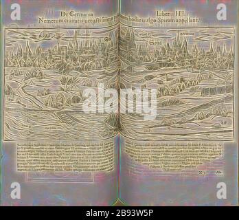 Nemetes Stadt der antiken Malerei heute vuglo nennen Speier, Speyers Illustration aus dem 16. Jahrhundert, signiert: H.F, Feige. 39, S. 474, 1552, Sebastian Münster: Cosmographiae universalis Lib. VI. In quibus, iuxta certioris fidei scriptorum traditionem describuntur, Omniu[m] habitabilis orbis partiu[m] situs [...] Omnium gentium mores, leges, religio, res gestae, mutationes [...]. Liber tertius. [Basel]: [Petri], [1552], Neugestaltung von Gibon, Design von warmen fröhlichen Leuchten von Helligkeit und Lichtstrahlen Ausstrahlung. Klassische Kunst neu erfunden mit einem modernen Twist. Fotografie inspiriert von Futurismus, Umarmung Stockfoto