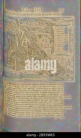 Veldkirchium Stadt, Illustration von Feldkirch aus dem 16. Jahrhundert, Feige. 47, S. 525, 1552, Sebastian Münster: Cosmographiae universalis Lib. VI. In quibus, iuxta certioris fidei scriptorum traditionem describuntur, Omniu[m] habitabilis orbis partiu[m] situs [...] Omnium gentium mores, leges, religio, res gestae, mutationes [...]. Liber tertius. [Basel]: [Petri], [1552], Neugestaltung von Gibon, Design von warmen fröhlichen Leuchten von Helligkeit und Lichtstrahlen Ausstrahlung. Klassische Kunst neu erfunden mit einem modernen Twist. Fotografie inspiriert von Futurismus, umarmt dynamische Energie der modernen Technologie, Bewegung, Stockfoto