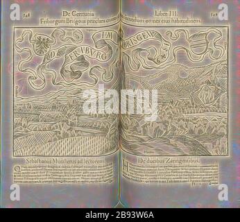 Freiburg im Breisgau, Illustration von Friborg aus dem 16. Jahrhundert, signiert RMD, Abb. 50, S. 548 & 549, Deutsch, Hans Rudolf Manuel, 1549, Sebastian Münster: Cosmographiae universalis Lib. VI. In quibus, iuxta certioris fidei scriptorum traditionem describuntur, Omniu[m] habitabilis orbis partiu[m] situs [...] Omnium gentium mores, leges, religio, res gestae, mutationes [...]. Liber tertius. [Basel]: [Petri], [1552], Neugestaltung von Gibon, Design von warmen fröhlichen Leuchten von Helligkeit und Lichtstrahlen Ausstrahlung. Klassische Kunst neu erfunden mit einem modernen Twist. Fotografie inspiriert von Futurismus, embracin Stockfoto