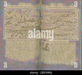 Freisinger Bischofs Staatskymbol. Von D. Sebast. Pemmerlinum pemse, Illustration der Stadt Freisingen aus dem 16. Jahrhundert, Abb. 54, nach S. 644, 1552, Sebastian Münster: Cosmographiae universalis Lib. VI. In quibus, iuxta certioris fidei scriptorum traditionem describuntur, Omniu[m] habitabilis orbis partiu[m] situs [...] Omnium gentium mores, leges, religio, res gestae, mutationes [...]. Liber tertius. [Basel]: [Petri], [1552], Neugestaltung von Gibon, Design von warmen fröhlichen Leuchten von Helligkeit und Lichtstrahlen Ausstrahlung. Klassische Kunst neu erfunden mit einem modernen Twist. Fotografie inspiriert von f Stockfoto