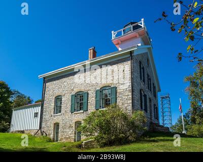 Pottawatomie Leuchtturm, Rock Island State Park, Door County, Wisconsin. Stockfoto