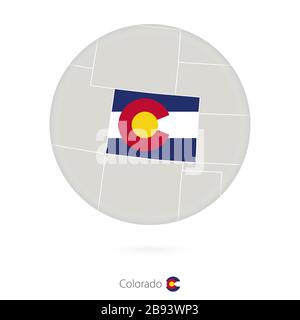 Karte des Staates Colorado und Flagge in einem Kreis. Kontur der US-Landeskarte Colorado mit Flagge. Vektorgrafiken. Stock Vektor