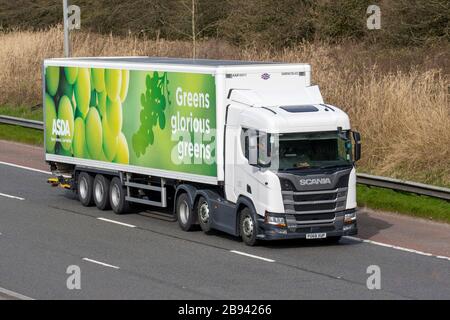 Grüne Glorious Greens ASDA schwere Transportfahrzeuge Scania R440 auf dem M6 in Lancaster, Großbritannien Stockfoto