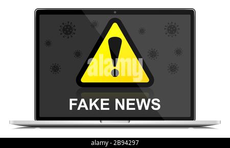 Fake News Warnschild auf Laptop Bildschirm, Coronavirus Kovid-19 Concpet Vector Illustration Stock Vektor