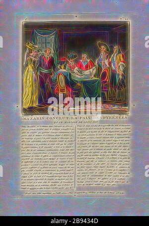 Mazarin schließt den Frieden der Pyrenäen und die Ehe von Ludwig XIV., Jules Mazarin unterzeichnet den Frieden der Pyrenäen, unterzeichnet: Desfontaines (del.), Moret (sculp.), chez Blin, C-Nr. 44, Swebach-Desfontaines, Jacques François Joseph (del.), Morret, Jean-Baptiste (sc.), Blin (chez), Antoine François Sergent-Marceau: Portraits des grands hommes, femmes illustres et sujets mémorables de France: Gravés et imprimés en couleurs. Dédié au ROI. Bd. 1. Paris: chez Blin, Imprimeur en Taille-Douce, [1786-1792], Neugestaltung von Gibon, Design von warmen fröhlich glühen von Helligkeit und Lichtstrahlen Ausstrahlung. Stockfoto