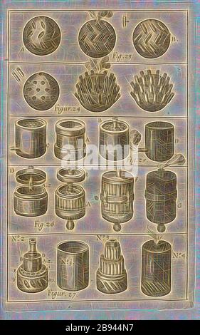 Wasserball 1, verschiedene Arten von Wasserbällen für Feuerwerke, Abb. 23-27, nach S. 70 (Teil 4), 1730, Kazimierz Siemienowicz, Daniel Elrich, Thoma Leonhard-Beeren: Vollkommene Geschütz- und Feuerwerk- und Büchsenmeister-Kunst: Hiebevor im lateinischen Sprach-Beschreib & mit Fleisz zusammen. Franckfurt am Mayn: In der Verlegung Johann David Zunners seel. Eben, wie auch allda zufinden im Möllerischen Buchladen, 1730, von Gibon neu vorgestellt, Gestaltung von warmfröhlichem Leuchten von Helligkeit und Lichtstrahlen. Klassische Kunst mit moderner Note neu erfunden. Fotografie inspiriert vom Futurismus, umarmt Stockfoto