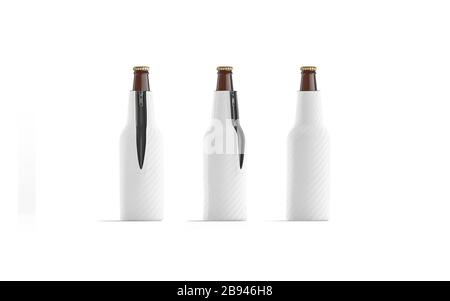 Blank weiß zusammenklappbare Bierflasche koozie mockup, vorne und hinten Stockfoto