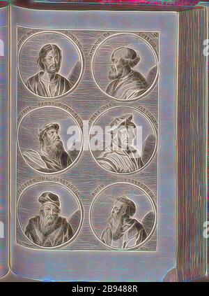 Raphael Sanzio d'Urbino, Antonio da Corregio, Ion. Franc. Penni sagte als getan, Andrea del Sarto -Flores, Polidoro da Caravaggio, Rosso Florenz, Porträt von Raffaello Sanzio, Antonio Allegri da Corregio, Giovanni Francesco Penni, Andrea del Sarto, Polidoro da Caravaggio, Giovanni di Bartolo Rosso, signiert: I. v. Chr., Sandrart d, P. Kilian s, Feige. 13, N, nach S. 64, Sandrart, Joachim von (del.), Kilian, Philipp (sc.), 1774, Joachim von Sandrart:Teutsche Academie der Bau- Bildhauer- und Maler-Kunst: Worinn die Regeln und Lehrsätze dieser Künste gegeben, nicht weniger zu mehrer Erläuterung di Stockfoto