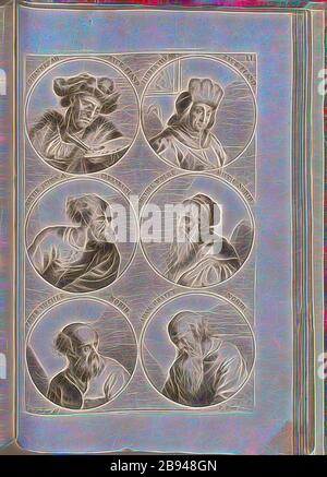 Johannes von Eyck Fland. Hubertus von Eyck Fland. Martin schön a Culenbach, Michael Wolgemuth Norib. Peter Vischer Norib. Adam Krafft Norib., Porträt von Jan van Eyck, Hubert van Eyck, Martin Schongauer, Michael Wolgemut, Peter Vischer, Adam Kraft, signiert: I. v. Chr., Sandrart del, P. Kilian s, Fig. 20, U, nach S. 424, Sandrart, Joachim von (del.), Kilian, Philipp (sc.), 1774, Joachim von Sandrart:Teutsche Academie der Bau- Bildhauer- und Maler-Kunst: Worinn die Regeln und Lehrsätze dieser Künste gegeben, nicht weniger zu mehrer Erläuterung die besten Exemplare der alten und neuen Künstler Stockfoto