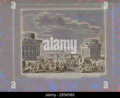 Ausreise der ehemaligen Deportationen Billaud, Collot und Barrere, zur Deportation, am 1. April 1795 oder 12 Germinal 3. Der Republik, Deportation von Jean-Marie Collot d'Herbois, Jacques Nicolas Billaud-Varenne und Bertrand Barère de Vieuzac in das Straflager in Französisch-Guayana, signiert: Girardet Inv. Et del, Berthault sculp, Abb. 45, Nr. 112, nach S. 452 (Cent-douzième tableau), Girardet, Abraham (Inv. Et del.), Berthault, Pierre-Gabriel (sc.), Collection complète des tableaux historiques de la Révolution française en trois Bände [...]. Bd. 2. Ein Paris: chez Auber, Editeur, et seul PR Stockfoto