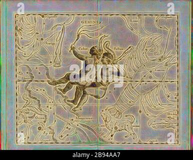 Gemini, Karte des Sternbildes Gemini, Abb. 32, Abb. DD, bis S. 21, Johannes Hevelius, Johann Ernst von Schmieden: Johann Hevelii prodromus astronomiae, exhiens fundamenta, quae tam ad novum planè & correctiorem stellarum fixarum catalogum construendium, quàm ad onmium planetarum tabulas corrigendas omnimodè spectant, nec non novas & correctanties, tabulasimiares, solasimilasimasimasimasimasimasimadad. Gedani: Typis Johann-Zachariae Stollii, 1690, von Gibon neu vorgestellt, Design von warmfröhlichem Leuchten von Helligkeit und Lichtstrahlen. Die klassische Kunst wurde mit einem modernen T neu erfunden Stockfoto