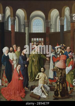 Gemälde "Aufziehen des Lazarus" des frühniederländischen Renaissance-Malers Albert van Ouwater (1450-1460) in der Berliner Gemäldegalerie in Berlin. Stockfoto