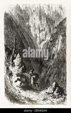 Große Eile von Fallotte, die Katastrophenstelle zu besuchen. Illustration für Honoré de Balzac, The Tales comical, Paris: General Society Library, 1855 (Bewertung: R8 Grad cc1405) Gustave Doré (1832-1883), dessinateur et Edouard Diolot (XIXème siècle), Graveur. "Grant haste de la Fallotte à se rendre sur le lieu du sinistre." Illustration für Honoré de Balzac, "Les Contes drolatiques", Paris: Société générale de Librairie, 1855". Tiefdruck sur bois. Paris, Maison de Balzac. Stockfoto