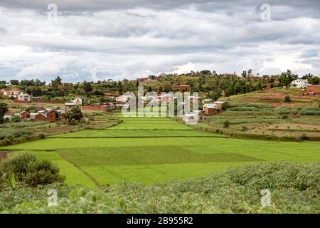 Traditionelle Häuser und Reisfelder in der Nähe von Antananarivo, Madagaskar Stockfoto