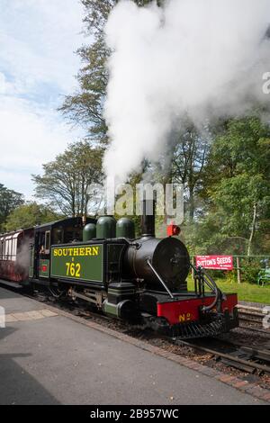 Schmalspurdampfmaschine "Lyn" an der Woody Bay Station der Lynton and Barnstable Railway, in der Nähe von Lynton, Devon, England Stockfoto