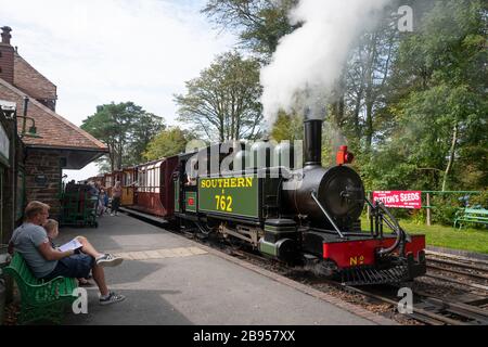 Schmalspurdampfmaschine "Lyn" an der Woody Bay Station der Lynton and Barnstable Railway, in der Nähe von Lynton, Devon, England Stockfoto