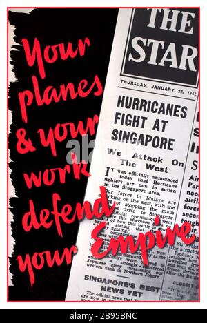 Retro 40s WW2 Propagandaplakat "Your Planes and Your Work Defend Your Empire" mit einem Zeitungsartikel vom 22. Januar 1942, "Hurricanes Fight at Singapore". Datum: 1942. Zweiter Weltkrieg. Singapur fiel einen Monat später im Februar 1942 auf die Invasion japanischer Streitkräfte Stockfoto