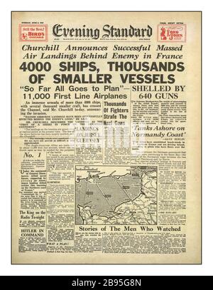 Archiv D-Day 6. Juni 1944 britische Zeitung Headlines Evening Standard UK '4000 Schiffe Tausende kleinere Schiffe' 'alles geht in Planung' 'Churchill kündigt erfolgreiche Massed Air Landungen hinter dem Feind in Frankreich an' Stockfoto
