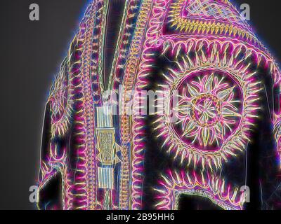 Zeremonielle Tunika, Amharische Menschen, frühe 1900er Jahre, Seidensamt, Metallornamente, 37-1/2 x 63-1/2 in., Textil- und Modekunst, von Gibon neu vorgestellt, Design von warmem, fröhlichem Leuchten von Helligkeit und Lichtstrahlen. Klassische Kunst mit moderner Note neu erfunden. Fotografie, inspiriert vom Futurismus, die dynamische Energie moderner Technologie, Bewegung, Geschwindigkeit und Kultur revolutionieren. Stockfoto