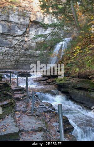 Der Trail führt zu den Eagle Cliff Falls im Havanna Glen Park Stockfoto