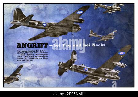 WW2 PROPAGANDA ALLIED LEAFLET DROP Nazi-Deutschland-Broschüre von Tausenden auf Deutschland gefallen. Sie lautet: "Attack-by Day and by Night. Die Bomber der RAF-Stirlings, Halifaxes und Lancasters führen schwere Nachteinsätze durch. Jetzt mit Bombern amerikanischer Luftstreitkräfte pro Tag." Im Sommer 1943 wurden die amerikanischen und nächtlichen britischen Bombenkampagnen während des Tages als "Combined Bomber Offensive" ausgerichtet. Dieser Plan sah eine Bombardierung des Feindes rund um die Uhr vor. Die vorrangigen Ziele waren bis zum D-Day 1944 Deutschlands Kämpfer und seine Kugellager- und Ölindustrie ANGRIFF-bei Tag und bei Nacht Stockfoto