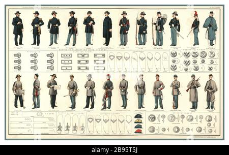 AMERIKANISCHE BÜRGERKRIEGSUNIFORMEN UNIFORM 1860er amerikanische Bürgerkriegssoldaten Vintage USA Lithograph Farbe Illustration der Militäruniformen, die alle Offiziere und Soldaten der Union und der Konföderierten während des Amerikanischen Bürgerkriegs 1861-1865 Rebellion trugen Stockfoto