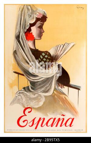 Spanien Spanish Travel Advertising Poster der 50er Jahre, herausgegeben vom spanischen Tourismusverband Espana/Spanien. Kunstwerk mit eleganter spanischer Dame, die in traditioneller Kleidung gekleidet ist und einen Ventilator mit einem Schal über dem Kopf und einer Blume in den Haaren hält und auf einem Balkon steht. Gedruckt in Spanien bei Altamira, S.A., Madrid. Spanien, 1958, Stockfoto