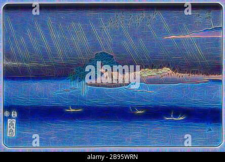 Night Rain at Karasaki, Utagawa Fusatane (japanisch), Edo, 1866, Tinte auf Papier, Farbholzschnitt, 8-3/4 x 13-7/16 Zoll (Bild) 10 x 14-5/8 Zoll (Blatt), signiert von Künstler: Fusatane ga Verlegermarke: Mori-ya Jihei Datum und Censor's Siegel: Kreisförmiges Aratam und Datum für Tiger, 9. Monat, entsprechend 1866. Eingeschrieben: Gedicht: Im Abendregen, nachgiebig auf den Klang des Nachtwindes, immer berühmter, die Kiefer von Karasaki, Serie, acht Ansichten von Ōmi, Asiatische Kunst, neu gestaltet von Gibon, Design von warmen fröhlich glühen der Helligkeit und Lichtstrahlen Ausstrahlung. Klassische Kunst mit einem Modder neu erfunden Stockfoto