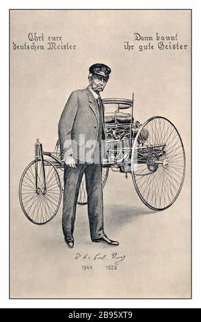 Vintage-Archiv CARL Benz Benz Patent Motorwagen. „Honor your German Master’ Postcard / Carl Benz 1844-1929 /‘ Honor your German Master / dann verbannt ihr gute Geister’ Gedenkpostkarte Carl Benz 1844 -1929 Karl Benz’ berühmter 1885 Benz Patent Motorwagen von Benz hatte ein fahrradbasiertes Design, das ihn leicht und effizient aber schwierig zu steuern machte. Dennoch wurde das Automobil 1886 patentiert und 1888 zum öffentlichen Kauf freigegeben. Stockfoto