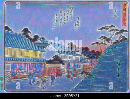 Station 41, Narumi, Utagawa Hiroshige 歌川広重 (japanisch, 1797-1858), Edo, um 1841, Farbholzschnitt auf Papier, 15-1/2 x 21 Zoll (Bild) 16-1/2 x 22 Zoll (Blatt), Künstlersignatur: Hiroshige ga Censor Siegel: Kreisförmige Kiwame Verlagsmarke: Sano-ya Kihei (Sano-Ki) (Kikakudō), Serie, 53 Stationen der Tōkaidō, Asiatische Kunst, neu gestaltet von Gibon, Design von warmen fröhlichen Leuchten von Helligkeit und Lichtstrahlen Ausstrahlung. Klassische Kunst neu erfunden mit einem modernen Twist. Fotografie inspiriert von Futurismus, umarmt dynamische Energie der modernen Technologie, Bewegung, Geschwindigkeit und Kultur revolutionieren. Stockfoto