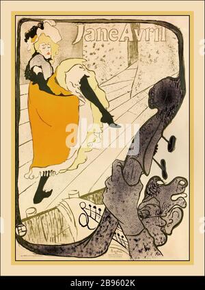 Die Vintage LAUTREC Jane Avril CAN CAN Poster Henri de Toulouse Lautrec Paris France Jane Avril (9. Juni 1868 - 17. Januar 1943) war eine französische CAN-CAN-CAN-Tänzerin, die von Henri de Toulouse Lautrec durch seine Gemälde berühmt wurde. Stockfoto