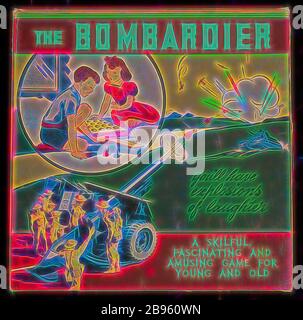 Brettspiel - 'The Bombardier', Paul Bruce & Co., um 1939, Brettspiel 'The Bombardier', gemacht von Paul Bruce & Co. Pty Ltd in Brunswick, um 1939. Besteht aus einem Karton mit einem Spielbrett mit 16 großen Löchern oder Zielen. Farbige kegelförmige Stücke mit Bleispitzen werden mit einem Rechteck aus Pappe in die Löcher umgedreht. Die Bilder auf der Box und Spielbrett stellen eine Panzerschlacht des Zweiten Weltkriegs und Kinder imitieren den Kampf mit "The Bombadier" Spiel., von Gibon neu gestaltet, Design von warmen fröhlich glühen von Helligkeit und Lichtstrahlen Ausstrahlung. Klassische Kunst neu erfunden mit einem modernen Twist. Foto Stockfoto