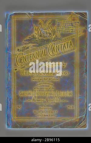 Buch - The Centennial Cantata, Henry John King & Rev William Allen, Aug 1888, Musikpartitur für die sechsteilige Kantate, die für die Melbourne Centennial International Exhibition 1888 komponiert wurde, Mit Worten von Rev William Allen und Musik von Henry John King, der Organist und Leiter des Chors der Kirche St. Mark Melbourne war. Die Kantate wurde vom Centennial Orchestra unter der Leitung von Frederic Cowen bei der Eröffnungszeremonie der Ausstellung, neu gestaltet von Gibon, Design von warmen fröhlich glühen von Helligkeit und Lichtstrahlen Ausstrahlung. Klassische Kunst neu erfunden mit einem modernen t Stockfoto