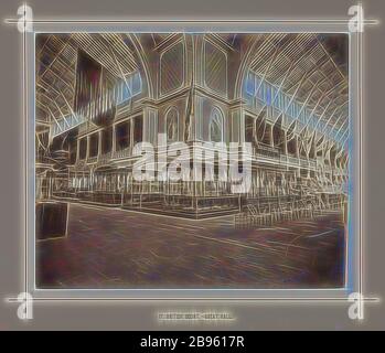 Foto - British Court, Great Hall, Exhibition Building, 1880-1881, Blick auf die nordöstliche Ecke des zentralen Querschiffs, unter dem Great Dome, des British Court in der Great Hall bei der Melbourne International Exhibition 1880 in den Exhibition Buildings, Carlton Gardens, Zwischen 1. Oktober 1880 und 30. April 1881. Neben dem Hauptgebäude der Dauerausstellung wurden zwei permanente Anbauten sowie ein großer, zentraler, temporärer hölzerner Anbau, von Gibon neu gestaltet, mit einem warmen, fröhlichen Leuchten von Helligkeit und Lichtstrahlen gestaltet. Klassische Kunst neu erfunden mit einem modernen Twist. Stockfoto