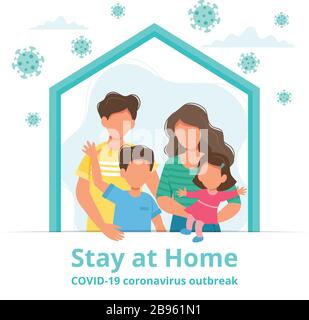 Familie, die in Selbstquarantäne zu Hause bleibt und vor Viren schützt. Konzept des Coronavirus Outbreak. Vektorgrafiken in flacher Ausführung Stock Vektor