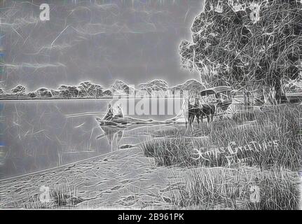 Negativ - Natimuk, Victoria, etwa um 1910, sitzen zwei Männer auf einem Holzfang in einem See. Neben dem See befindet sich ein Mann in einer Pferdekutsche, die von Gibon neu vorgestellt wurde und ein warmes, fröhliches Leuchten von Helligkeit und Lichtstrahlen ausstrahlt. Klassische Kunst mit moderner Note neu erfunden. Fotografie, inspiriert vom Futurismus, die dynamische Energie moderner Technologie, Bewegung, Geschwindigkeit und Kultur revolutionieren. Stockfoto