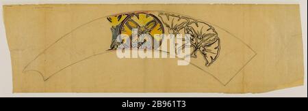 Grund Peripherie einer kreisförmigen Tafel für Juwelier Fouquet Alphonse Mucha (1860-1939). Motiv de pourtour d'un panneau zirkulaire pour la bijouterie Fouquet. Crayon, lavis d' encre de chine et aquarelle sur papier calque, 1900. Musée Carnavalet, Histoire de Paris. Stockfoto