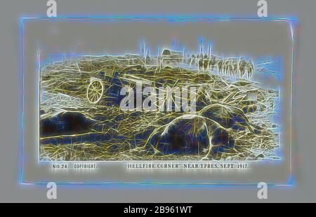 Zigarettenkarte - 'Hellfire Corner' bei Ypern, Sept. 1917', Offizielles Foto des Ersten Weltkriegs, Magpie-Zigaretten, um 1922, Nr. 24 in der Serie der Zigarettenkarten des Ersten Weltkriegs, die von Magpie-Zigaretten hergestellt wurden. Das Bild trägt den Titel 'Hellfire Corner near Ypern, Sept. 1917'. Es zeigt zwei tote Pferde, zerstörte Wagen und Soldaten marschieren im Hintergrund. Die Bilder auf dieser Serie von Zigarettenkarten sind offizielle Fotos des Ersten Weltkriegs, die im Australian war Museum, Exhibition Buildings, Melbourne., neu gestaltet von Gibon, Design von warmen fröhlich glühen der Helligkeit und Licht r Stockfoto