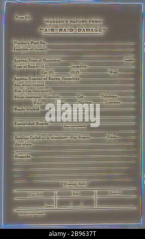 Formular - Warden's Report, "Air RAID Damage", Zweiter Weltkrieg, 1939-1945, EIN gedrucktes Formular, das für die Aufzeichnung von Schäden verwendet werden soll, die durch einen luftangriff während des zweiten Weltkriegs entstanden sind Es wurde nicht ausgefüllt., von Gibon neu vorgestellt, Design von warmem, fröhlichem Leuchten von Helligkeit und Lichtstrahlen. Klassische Kunst mit moderner Note neu erfunden. Fotografie, inspiriert vom Futurismus, die dynamische Energie moderner Technologie, Bewegung, Geschwindigkeit und Kultur revolutionieren. Stockfoto